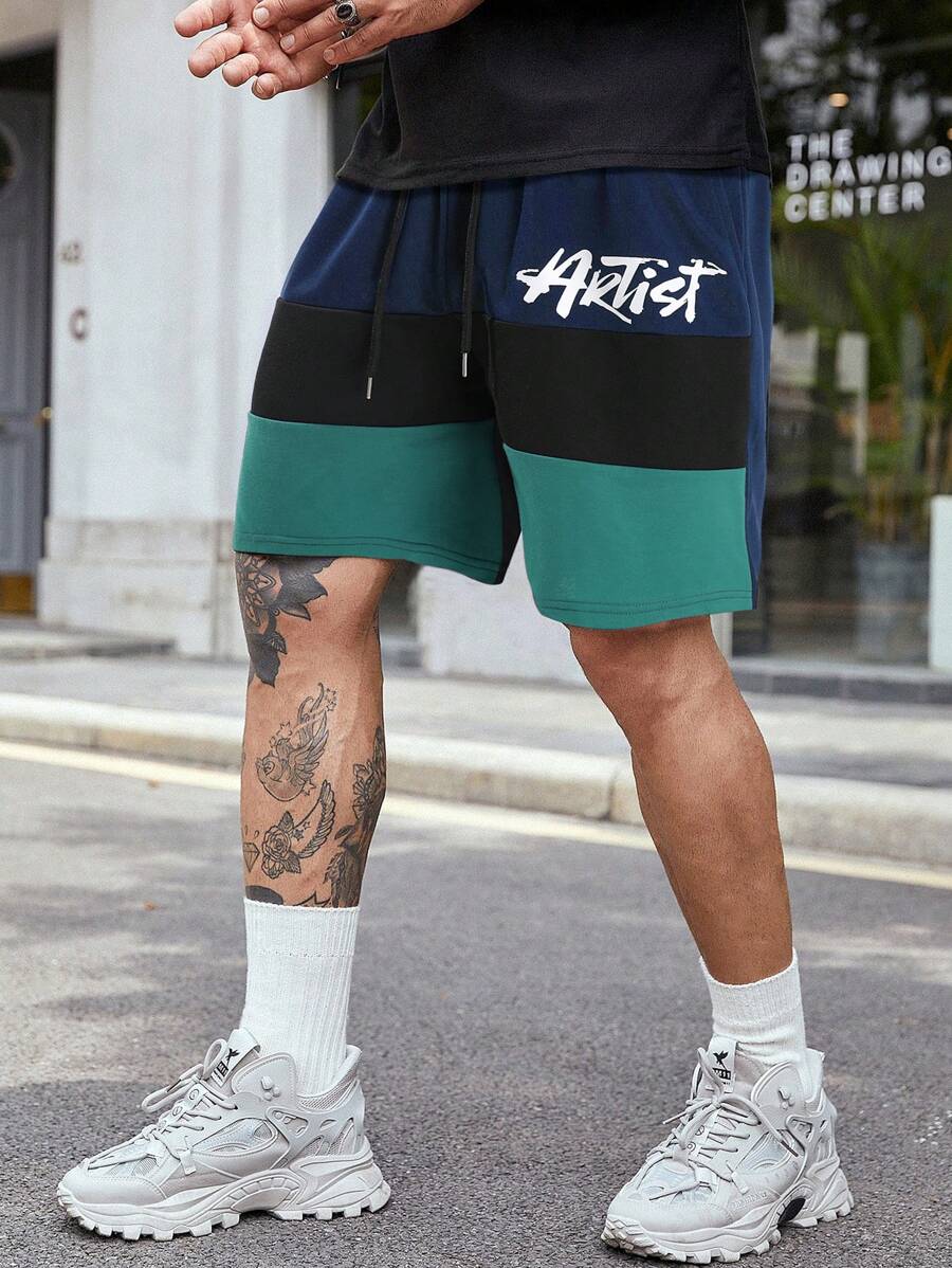 Manfinity Homme Quần Short Nam Dây kéo Túi Khối Màu Lá thư Giải trí - Nhiều màu - Xem 1