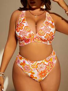Swim Mod 夏季海灘加大尺寸花卉印花高腰比基尼套裝 - 彩色 - 查看 1