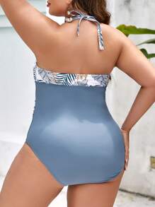 SHEIN Swim Curve 大碼熱帶圖案褶邊吊脖連體泳衣 - 彩色 - 查看 2
