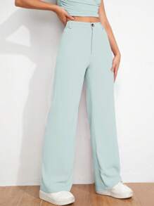 Solid Straight Leg Trousers - Green - View 1