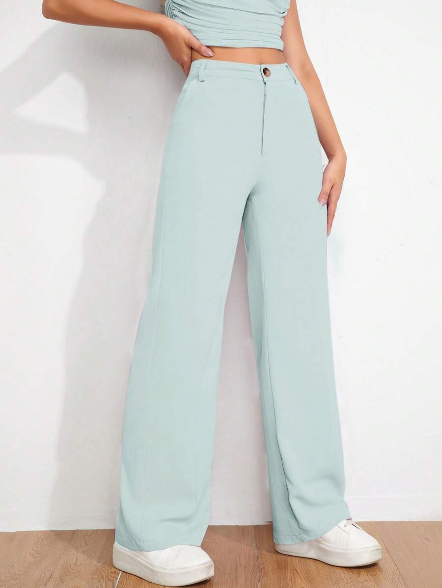 Solid Straight Leg Trousers - Green - View 1