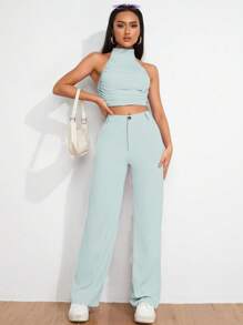 Solid Straight Leg Trousers - Green - View 4