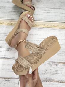 Vacation Wedge Slide Sandals For Women, Straw Braid Detail Wedge Sandals - Apricot - View 1