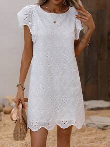SHEIN LUNE Eyelet Embroidery Scallop Trim Dress Without Belt - White - View 1