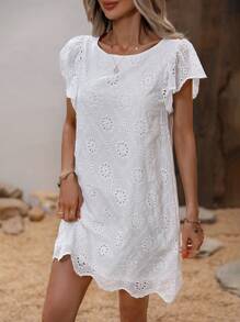 SHEIN LUNE Eyelet Embroidery Scallop Trim Dress Without Belt - White - View 3