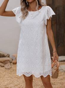 SHEIN LUNE Eyelet Embroidery Scallop Trim Dress Without Belt - White - View 5