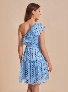 SHEIN Belle Polka Dot One Shoulder Ruffle Trim Ruffle Hem Dress - Baby Blue - View 3