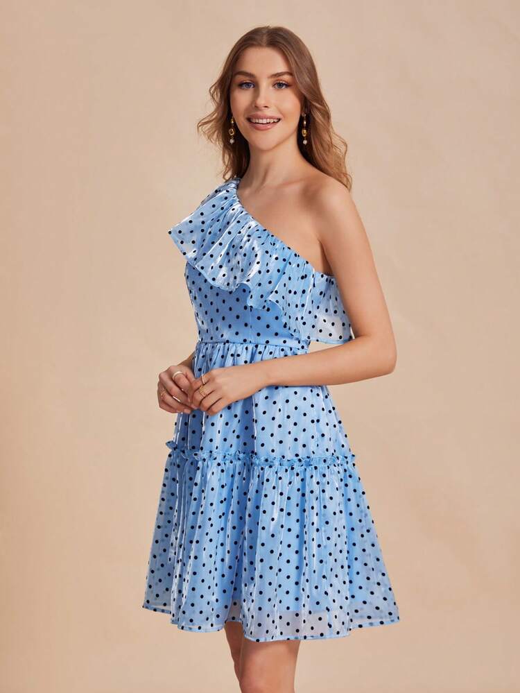 Polka Dot One Shoulder Ruffle Trim Ruffle Hem Dress