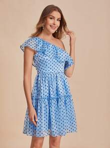 SHEIN Belle Polka Dot One Shoulder Ruffle Trim Ruffle Hem Dress - Baby Blue - View 1