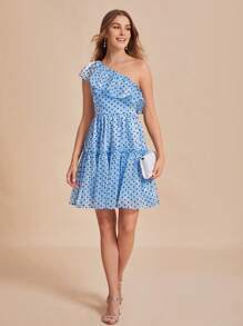 SHEIN Belle Polka Dot One Shoulder Ruffle Trim Ruffle Hem Dress - Baby Blue - View 4