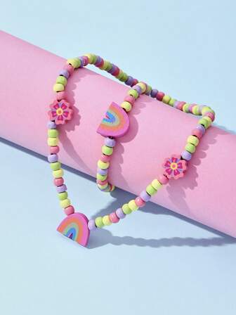2pcs Girls Flower & Rainbow Decor Jewelry Set For Gift