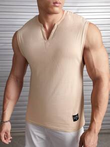GENTILAND Men Letter Patched Detail Notched Neck Tank Top - Apricot - View 1