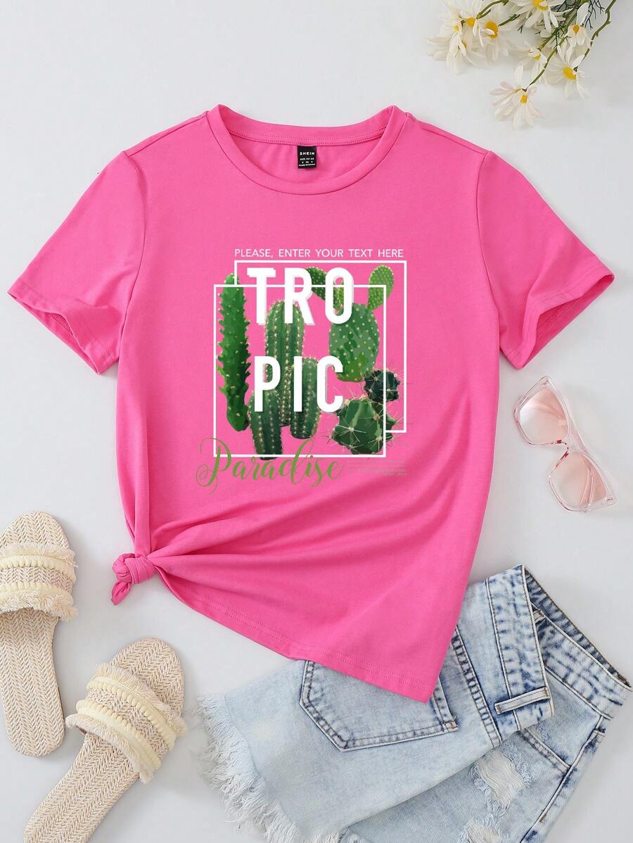 SHEIN Essnce Cactus & Slogan Graphic Tee - Pink - View 1