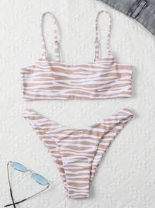 SHEIN Swim Summer Beach Zebra Stripe High Cut Bikini Set - Khaki - View 3