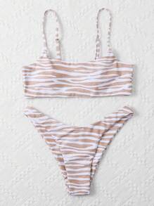 SHEIN Swim Summer Beach Zebra Stripe High Cut Bikini Set - Khaki - View 6