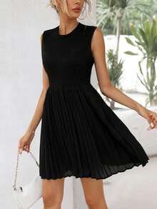 SHEIN Frenchy Solid Pleated Hem A-Line Dress - Black - View 3