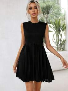 SHEIN Frenchy Solid Pleated Hem A-Line Dress - Black - View 5