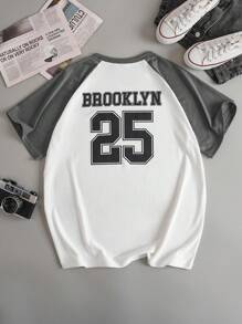 SHEIN EZwear 字母圖案插肩袖T恤 - 彩色 - 查看 1