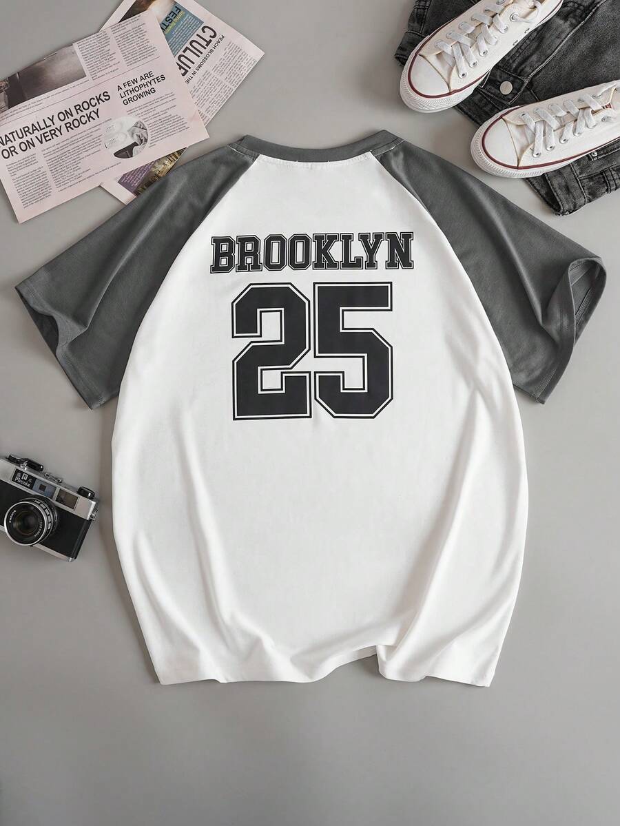 SHEIN EZwear 字母圖案插肩袖T恤 - 彩色 - 查看 1