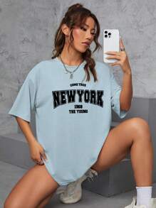SHEIN EZwear 字母圖案落肩T恤 - 淺藍色 - 查看 1