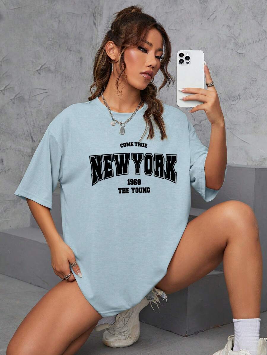 SHEIN EZwear 字母圖案落肩T恤 - 淺藍色 - 查看 1