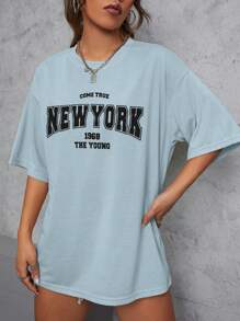 SHEIN EZwear 字母圖案落肩T恤 - 淺藍色 - 查看 3
