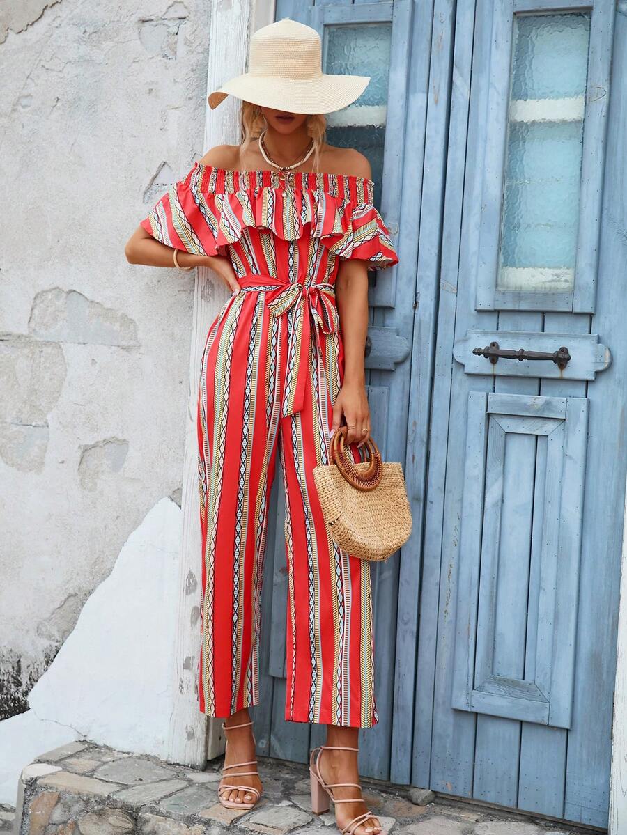 SHEIN VCAY Mono con estampado de rayas de hombros descubiertos ribete con fruncido con cinturón