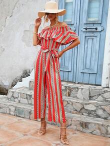 SHEIN VCAY Mono con estampado de rayas de hombros descubiertos ribete con fruncido con cinturón