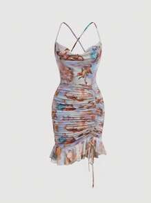 SHEIN MOD Vestido-camiseta con cordón, volantes y recogido en la Bottom, de malla con estampado de figura - Multicolor - Ver 1