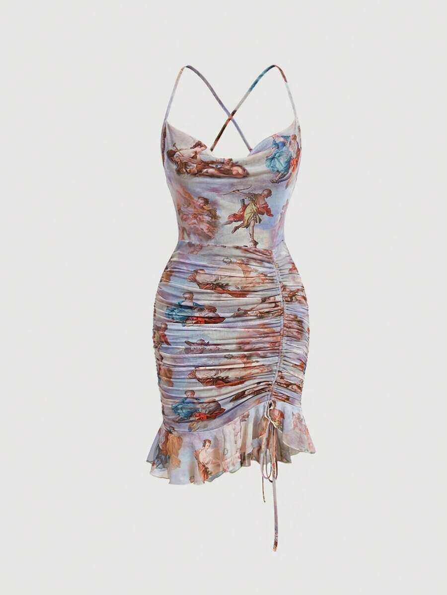 SHEIN MOD Vestido-camiseta con cordón, volantes y recogido en la Bottom, de malla con estampado de figura - Multicolor - Ver 1