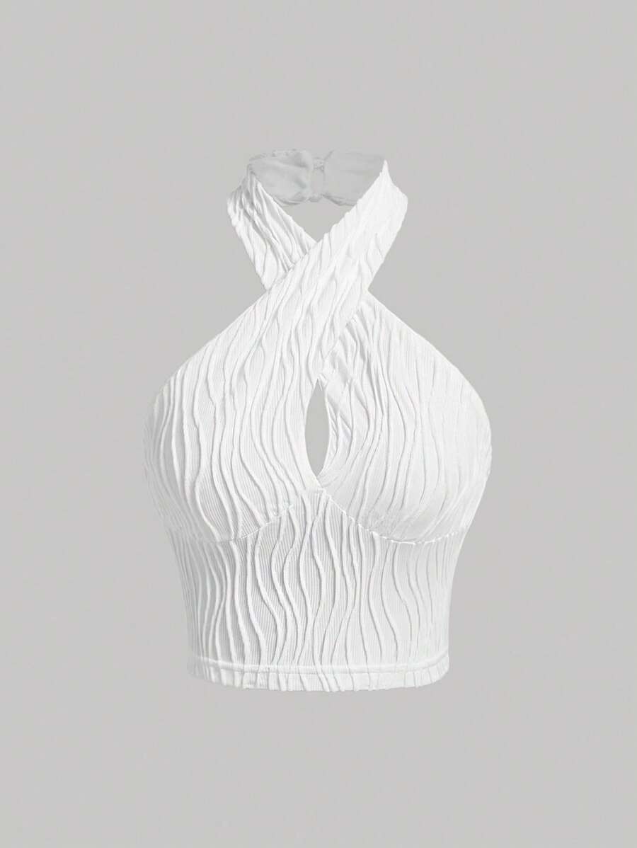 SHEIN MOD Solid Criss Cross Halter Top - White - View 1
