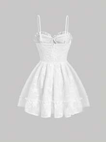 SHEIN MOD Đầm viền lá sen Viên lá sen Thắt nơ trước màu trơn Giải trí - trắng - Xem 2