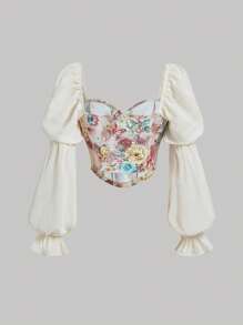 SHEIN MOD 印花荷葉袖前繫帶頭巾下擺襯衫 - 米色 - 查看 2