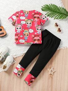 SHEIN 女小童卡通肖像和字母圖案可愛圓領短袖常規2入組套裝適合夏天 - 彩色 - 查看 2