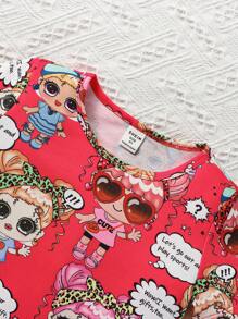 SHEIN 女小童卡通肖像和字母圖案可愛圓領短袖常規2入組套裝適合夏天 - 彩色 - 查看 3