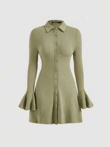 SHEIN MOD Flounce Sleeve Button Front Ribbed Knit Bodycon Dress - Mint Green - View 1