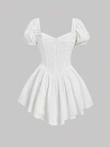 SHEIN MOD 雞心領口泡泡袖荷葉邊連衣裙