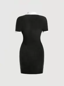 SHEIN MOD Đầm Tương phản ren Gân đan Nút phía trước Khối Màu Thanh lịch - màu đen - Xem 2