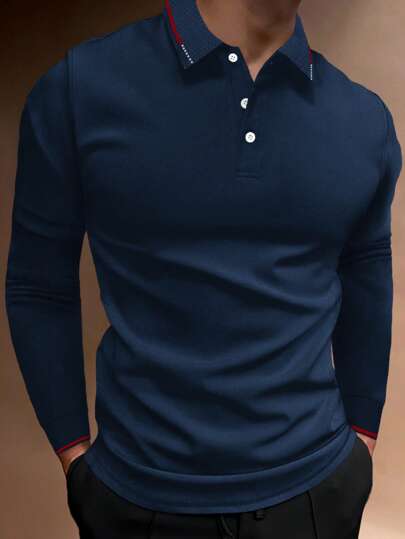 Manfinity Homme Men Contrast Trim Polo Shirt, Polo Shirts For Men Long Sleeve, Men Golf Shirt, Blue Tops For Men,Fall