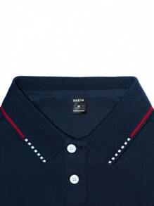 Manfinity Homme Men Contrast Trim Polo Shirt, Polo Shirts For Men Long Sleeve, Men Golf Shirt, Blue Tops For Men,Fall - Navy Blue - View 4