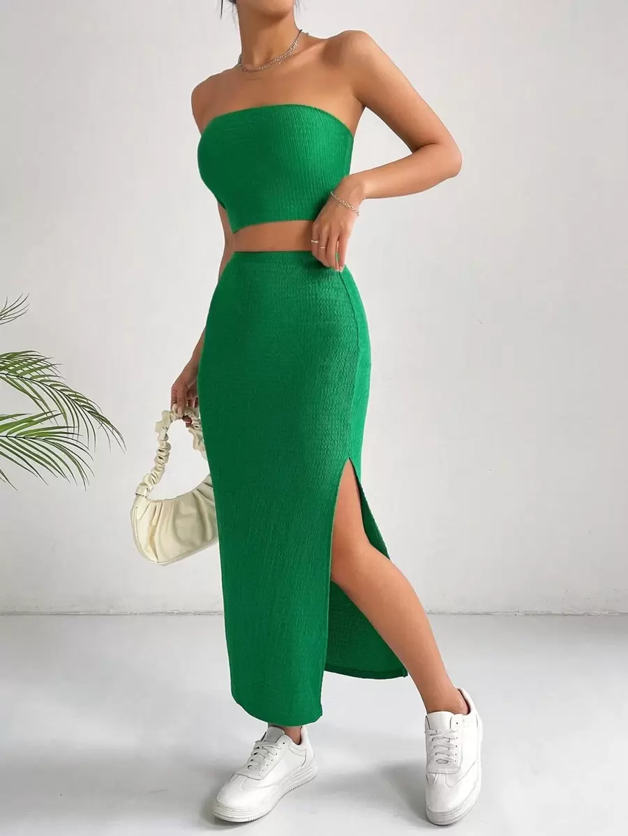 SHEIN Essnce Solid Tube Top & Split Thigh Skirt - Green - View 1