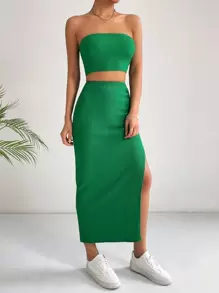 SHEIN Essnce Solid Tube Top & Split Thigh Skirt - Green - View 4