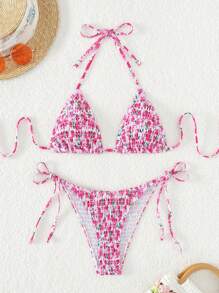 Swim Mod Summer Beach Floral Print Smocked Triangle Tie Side Bikini Set - Multicolor - View 1