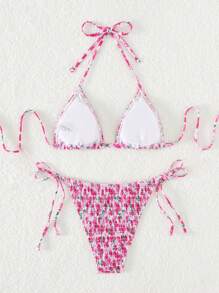 Swim Mod Summer Beach Floral Print Smocked Triangle Tie Side Bikini Set - Multicolor - View 2