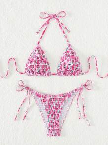 Swim Mod Summer Beach Floral Print Smocked Triangle Tie Side Bikini Set - Multicolor - View 3