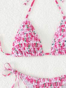 Swim Mod Summer Beach Floral Print Smocked Triangle Tie Side Bikini Set - Multicolor - View 4