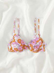 Summer Floral Print Smocked Underwire Bikini Top - Multicolor - View 5