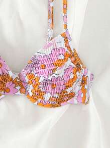 Summer Floral Print Smocked Underwire Bikini Top - Multicolor - View 7