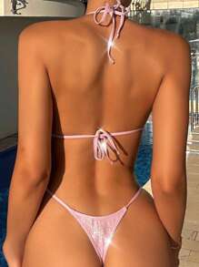 Swim SXY 夏季海滩金属比基尼套装微三角文胸和 O 形环连接丁字裤 2 件比基尼 - 淺粉色 - 查看 3