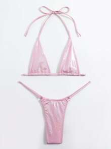 Swim SXY 夏季海滩金属比基尼套装微三角文胸和 O 形环连接丁字裤 2 件比基尼 - 淺粉色 - 查看 7